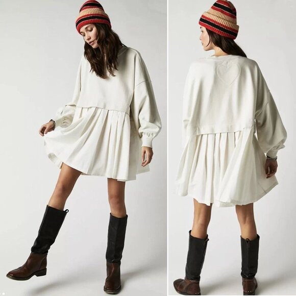 FREE PEOPLE Eleanor Tunic Sweatshirt Mini Dress Size S Oversized Ivory NEW - Picture 5 of 13